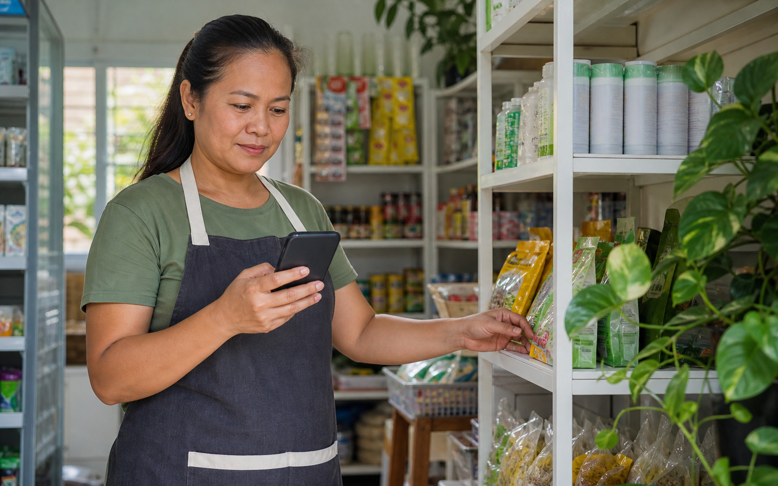 A Filipina small business owner using her phone in her neighborhood shop