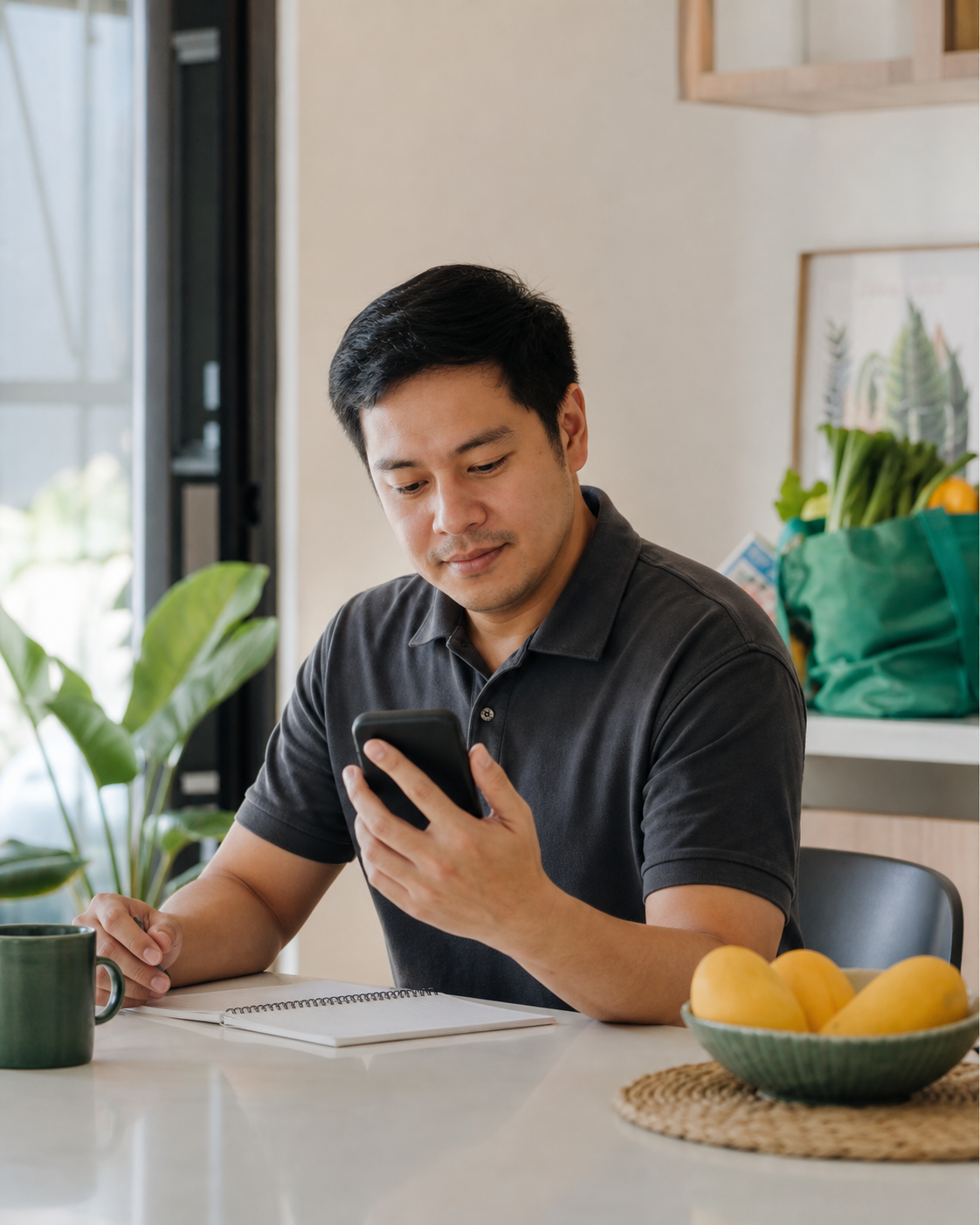 A Filipino customer reviewing a household budget on his phone